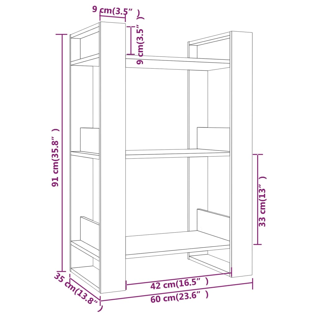 Bokhylle/Romdeler svart 60x35x91 cm heltre furu