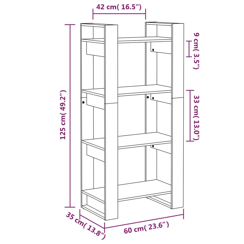 Bokhylle/Romdeler svart 60x35x125 cm heltre