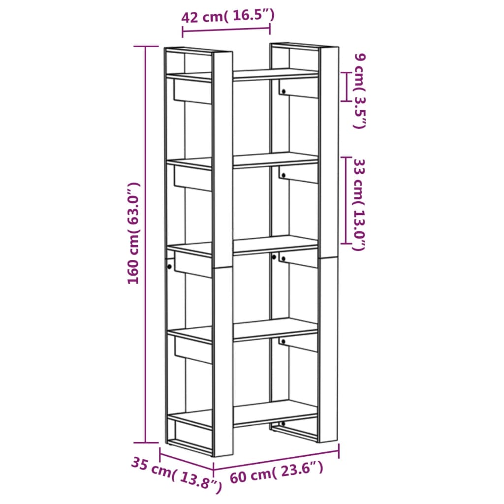 Bokhylle/Romdeler svart 60x35x160 cm heltre