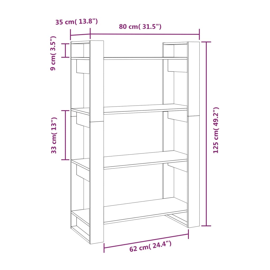 Bokhylle/Romdeler svart 80x35x125 cm heltre furu