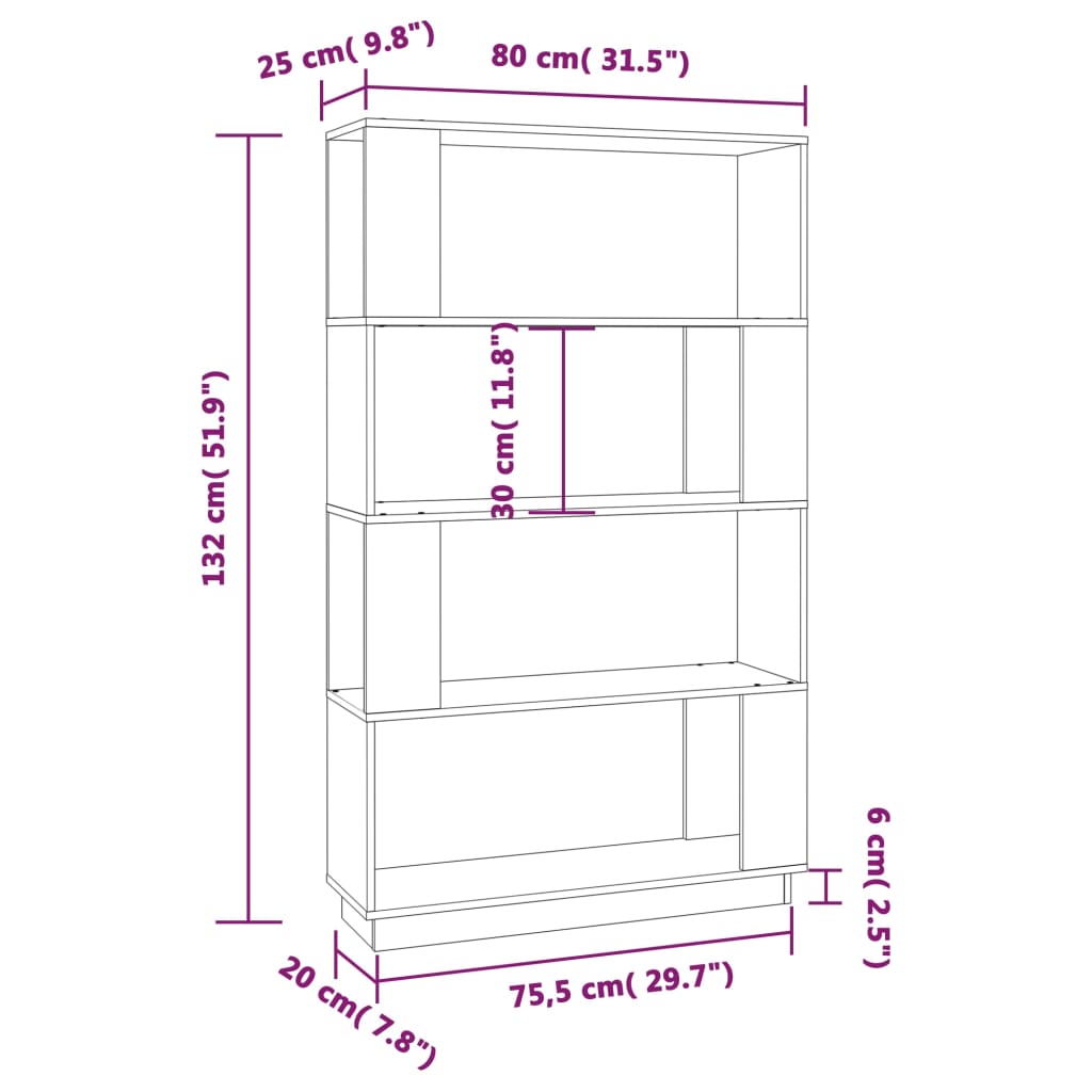 Bokhylle/Romdeler svart 80x25x132 cm heltre furu