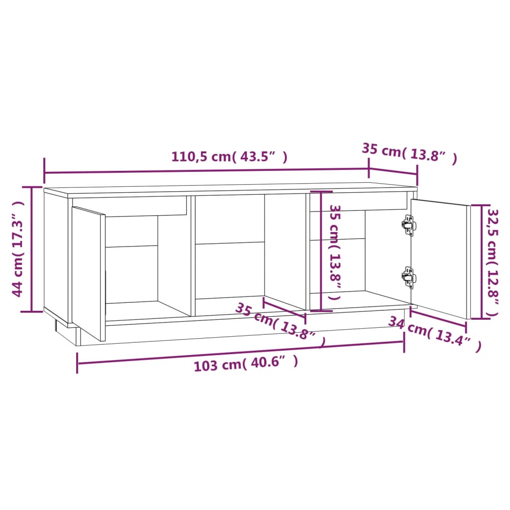 TV-benk svart 110,5x35x44 cm heltre furu