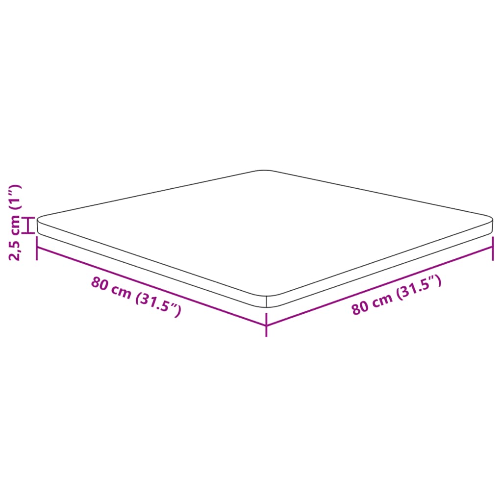 Bordplate Firkantet 80x80x2,5 cm ubehandlet heltre eik