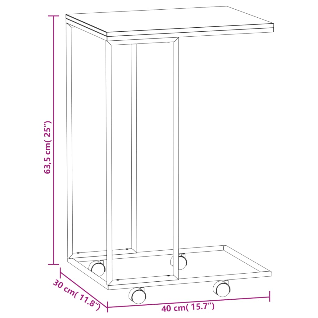 Sidebord med hjul svart 40x30x63,5 cm konstruert tre