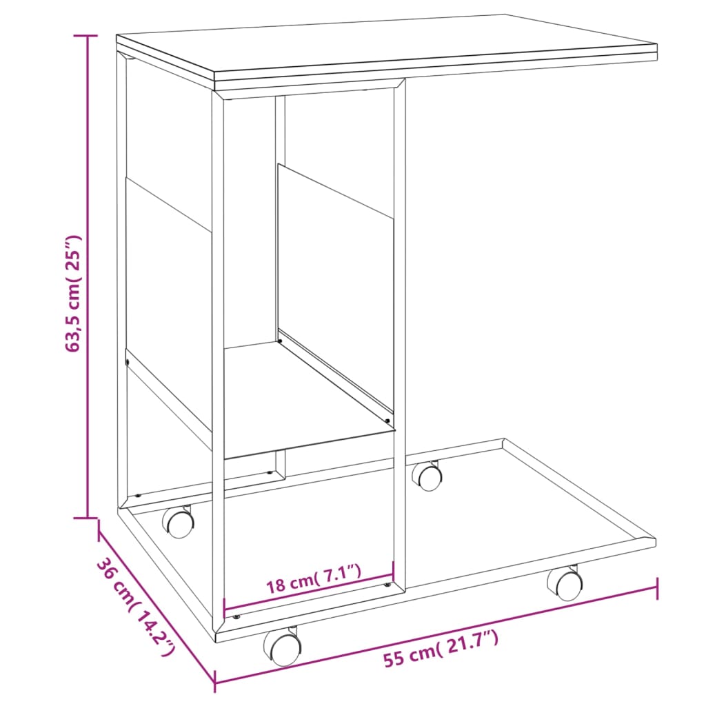 Sidebord med hjul svart 55x36x63,5 cm konstruert tre