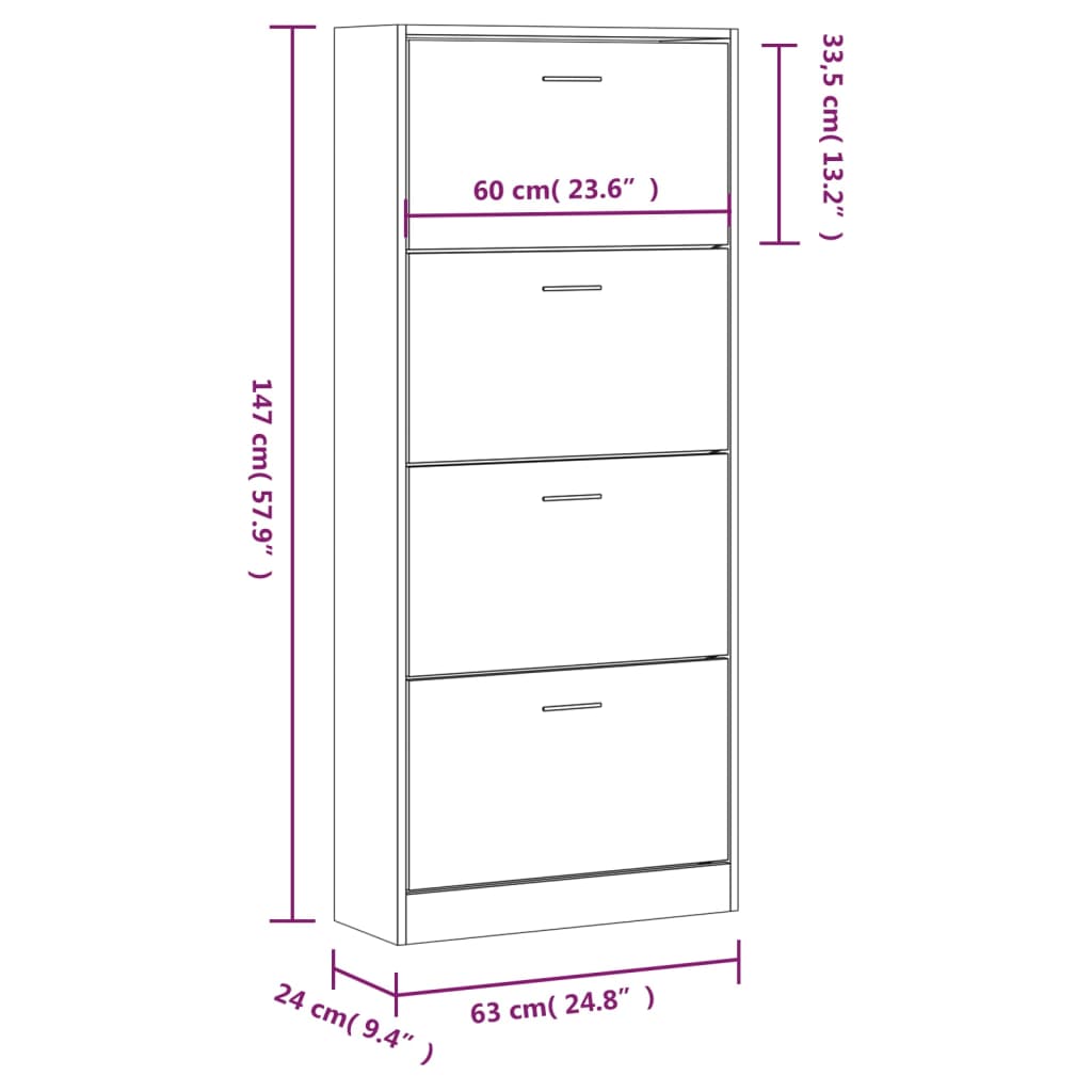 Skoskap høyglans hvit 63x24x147 cm konstruert tre