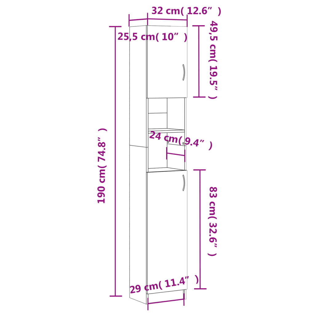 Baderomsskap grå sonoma eik 32x25,5x190 cm konstruert tre