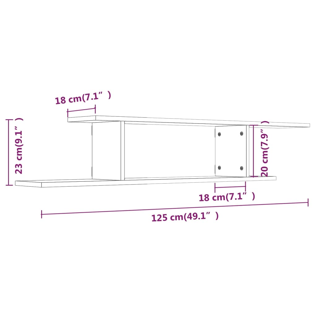 Vegghylle brun eik 125x18x23 cm konstruert tre