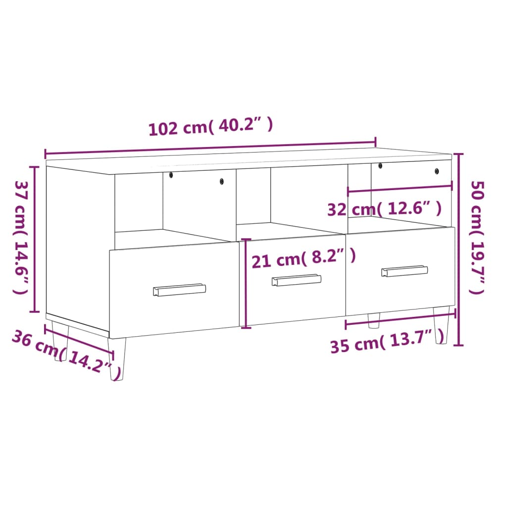 TV-benk hvit 102x36x50 cm konstruert tre