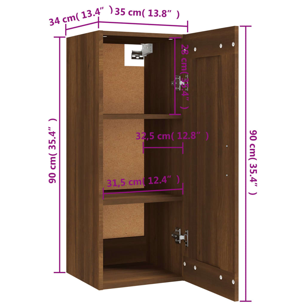 Veggskap brun eik 35x34x90 cm konstruert tre