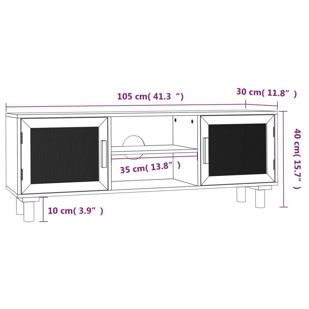 TV-benk hvit 105x30x40 cm heltre furu og naturrotting