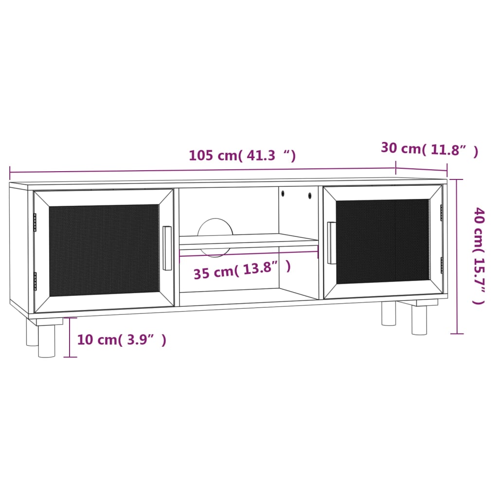 TV-benk svart 105x30x40 cm heltre furu og naturrotting