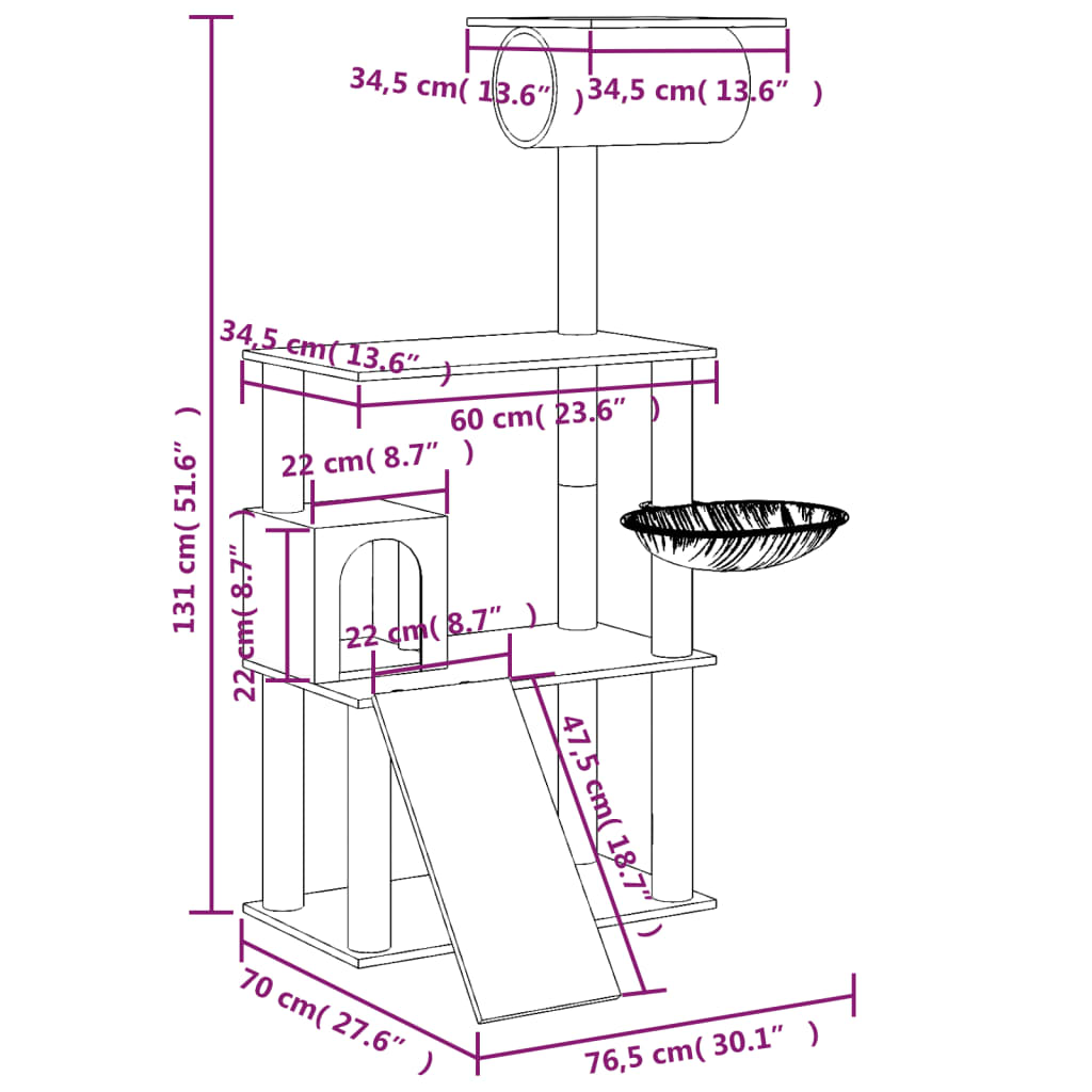 Kattemøbel Kattetre med klorestolper i sisal lysegrå 131 cm