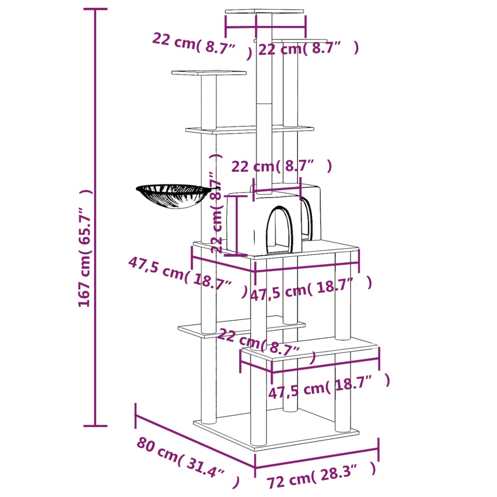 Kattemøbel Kattetre med klorestolper i sisal kremhvit 167 cm