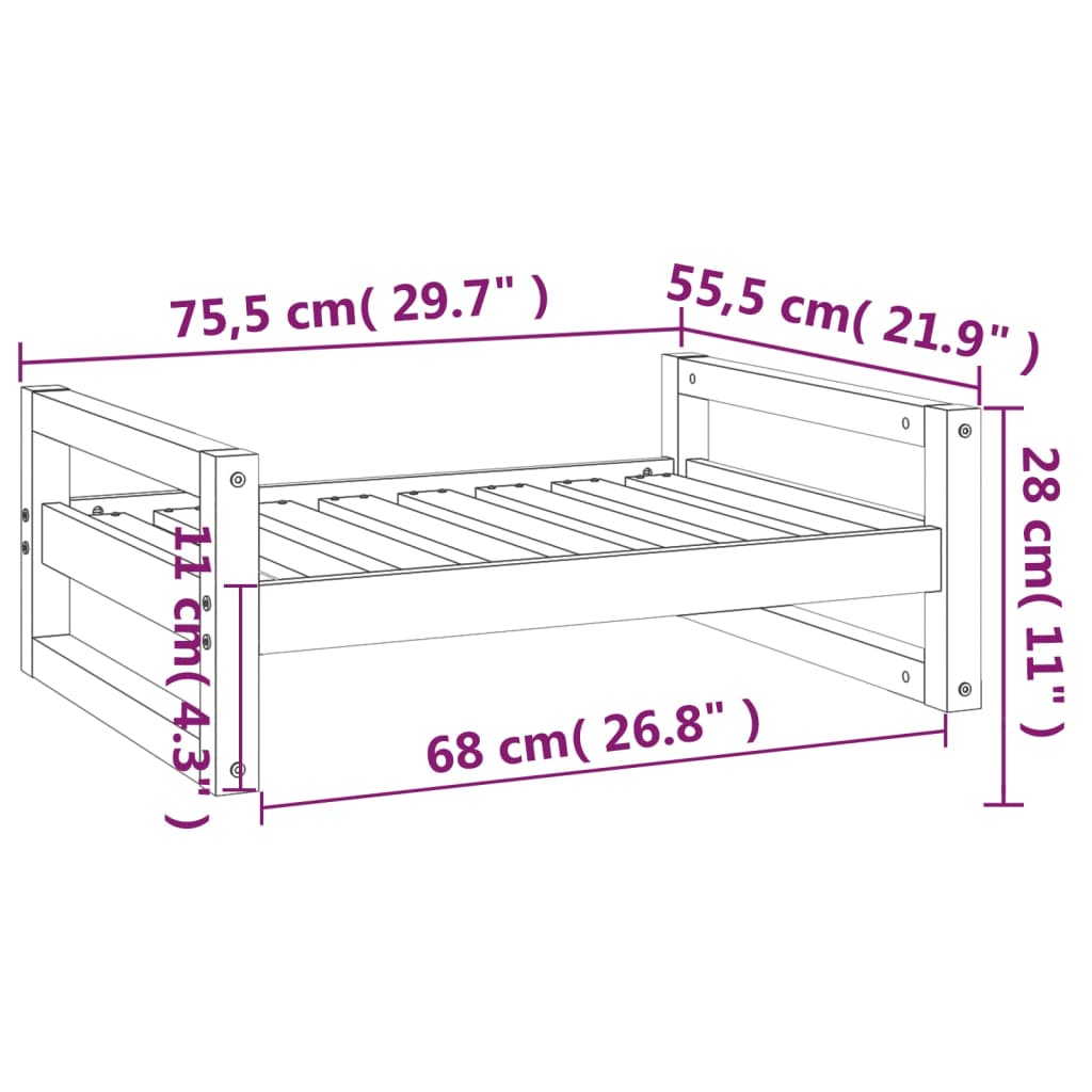 Hundeseng hvit 75,5x55,5x28 cm heltre furu