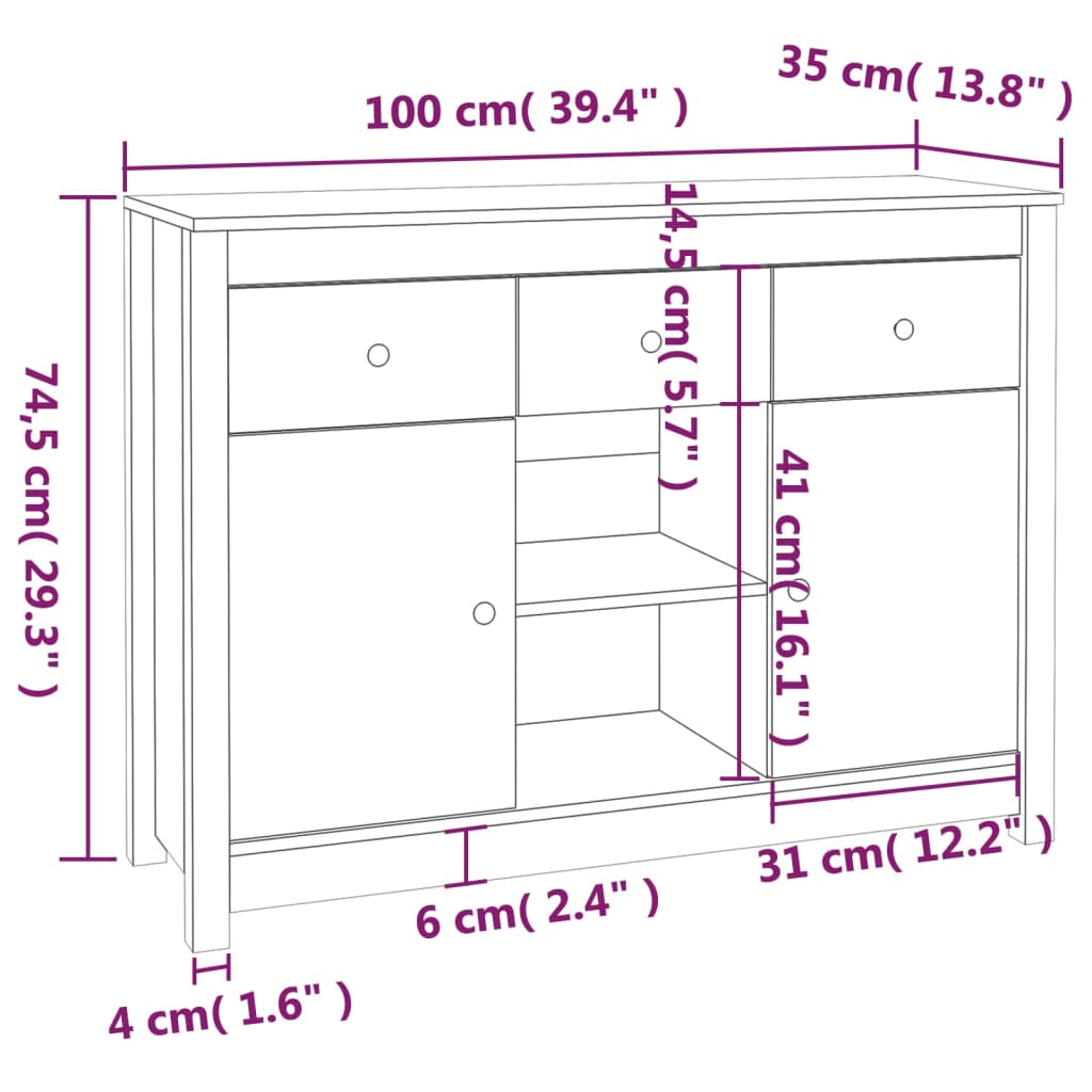 Skjenk 100x35x74,5 cm heltre furu