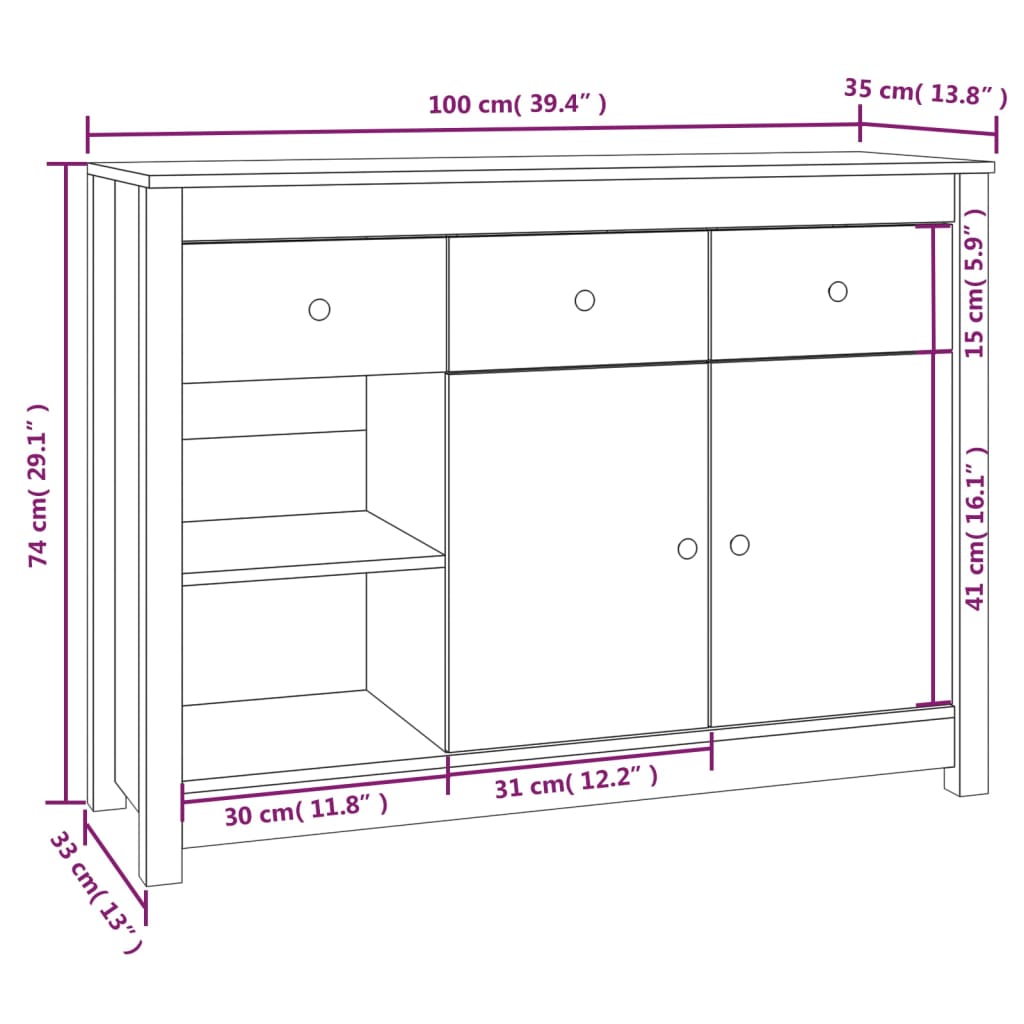 Skjenk 100x35x74 cm heltre furu