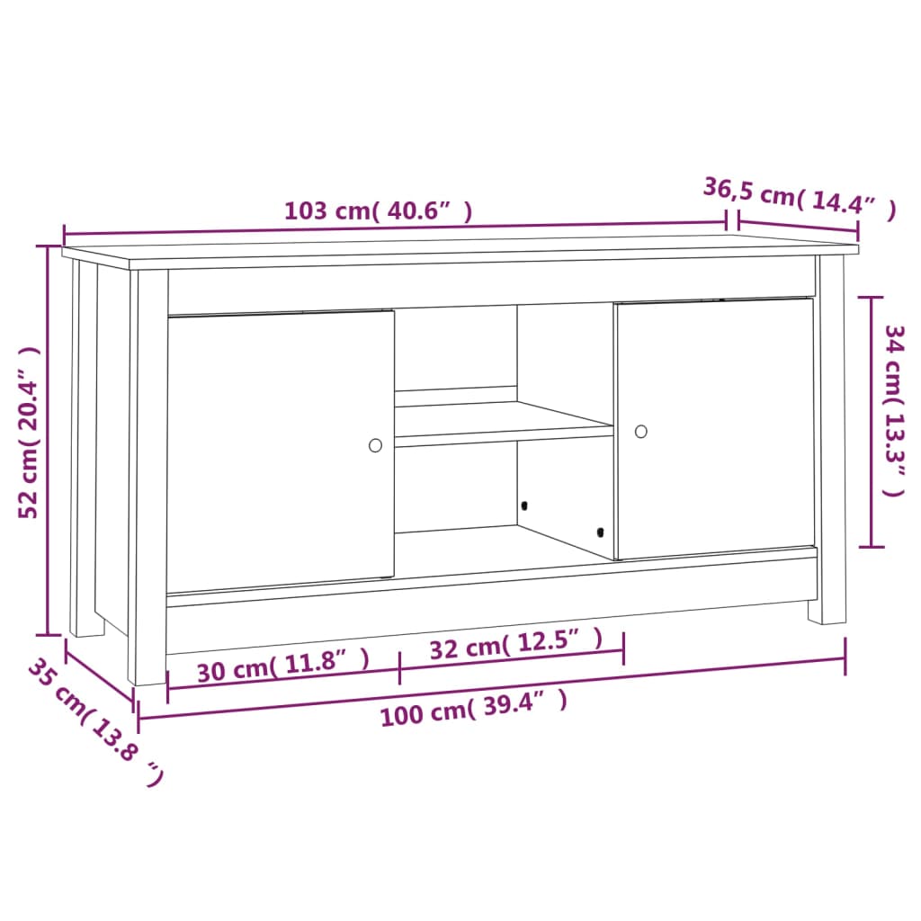 TV-benk hvit 103x36,5x52 cm heltre furu