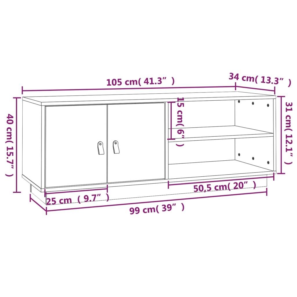 TV-benk hvit 105x34x40 cm heltre furu