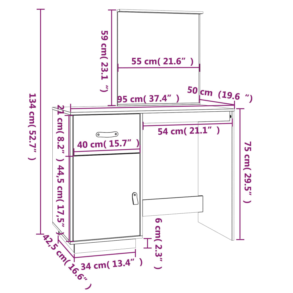 Sminkebord hvit 95x50x134 cm heltre furu