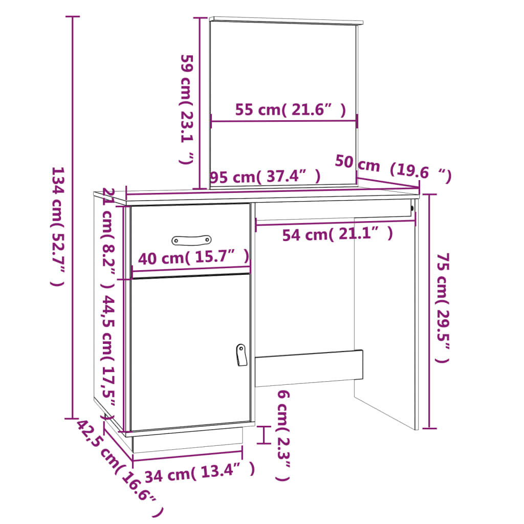 Sminkebord grå 95x50x134 cm heltre furu