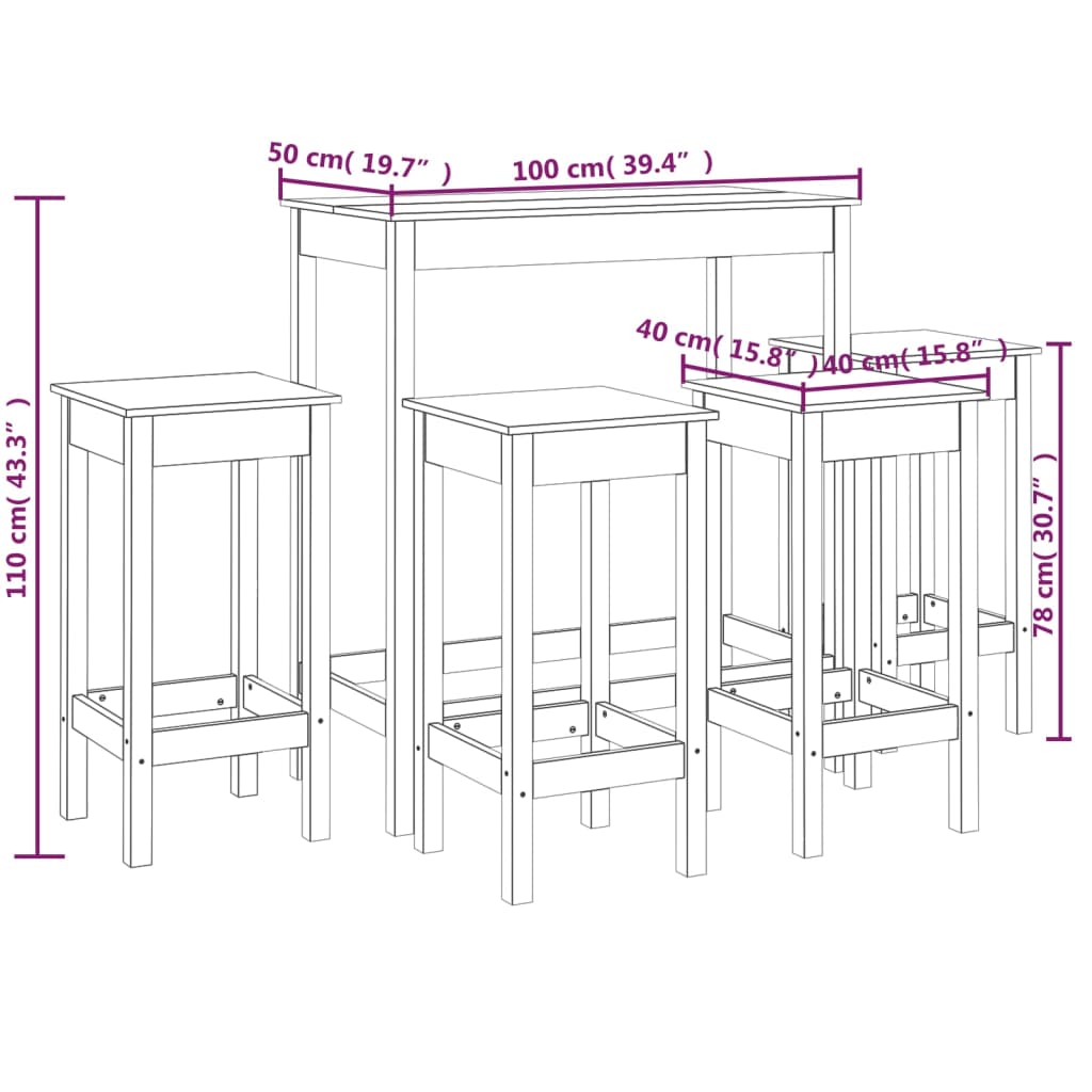 Barbord kafebord Bistrobord Barsett 5 deler svart heltre furu