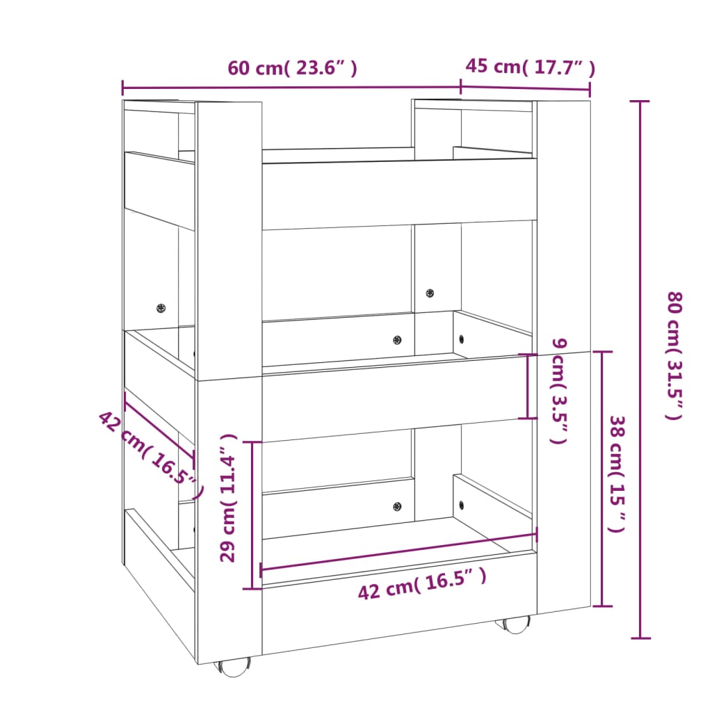 Serveringsvogn Kjøkkentralle brun eik 60x45x80 cm konstruert tre