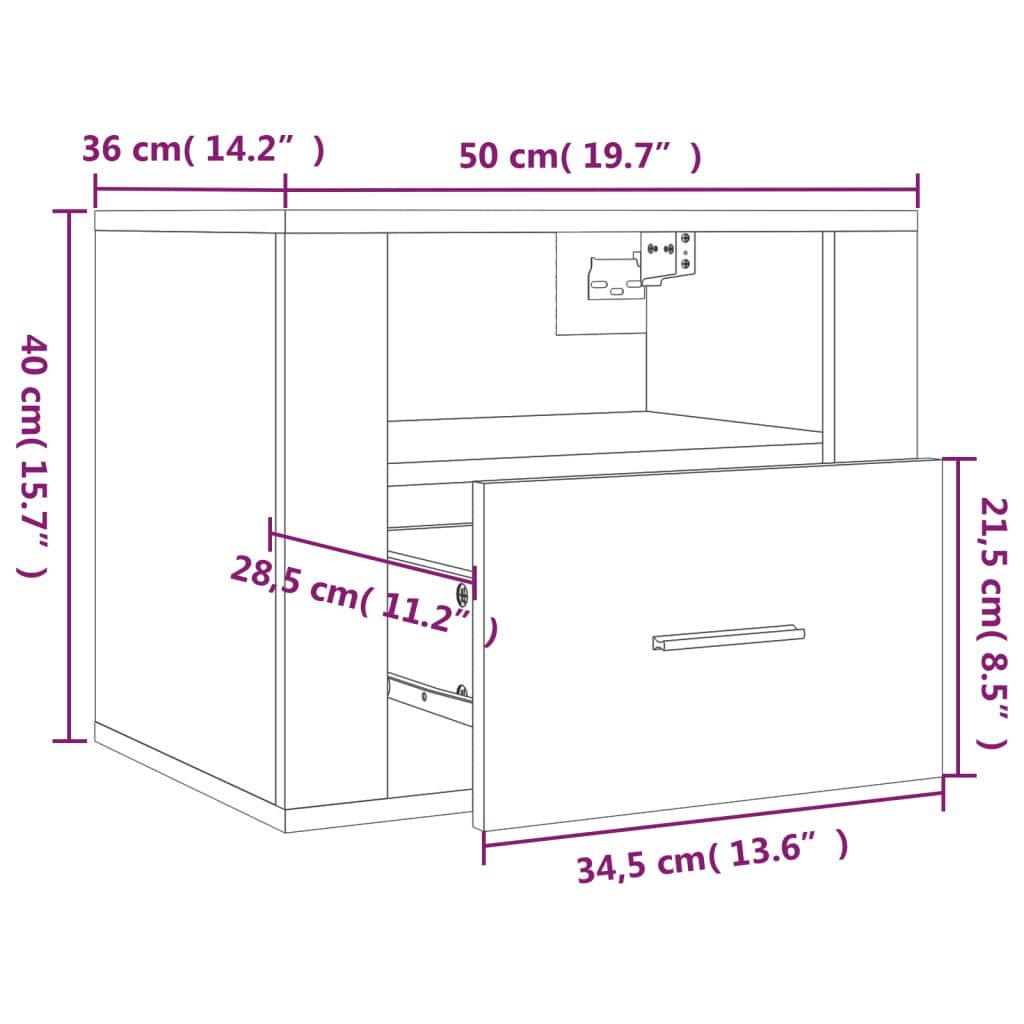 Nattbord Sengbord Veggmontert hvit 50x36x40 cm