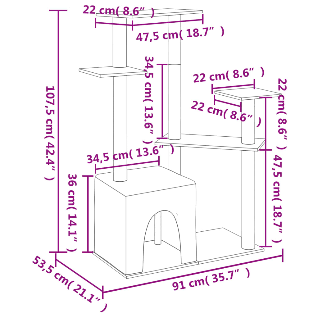 Kattemøbel Kattetre med klorestolper i sisal lysegrå 107,5 cm