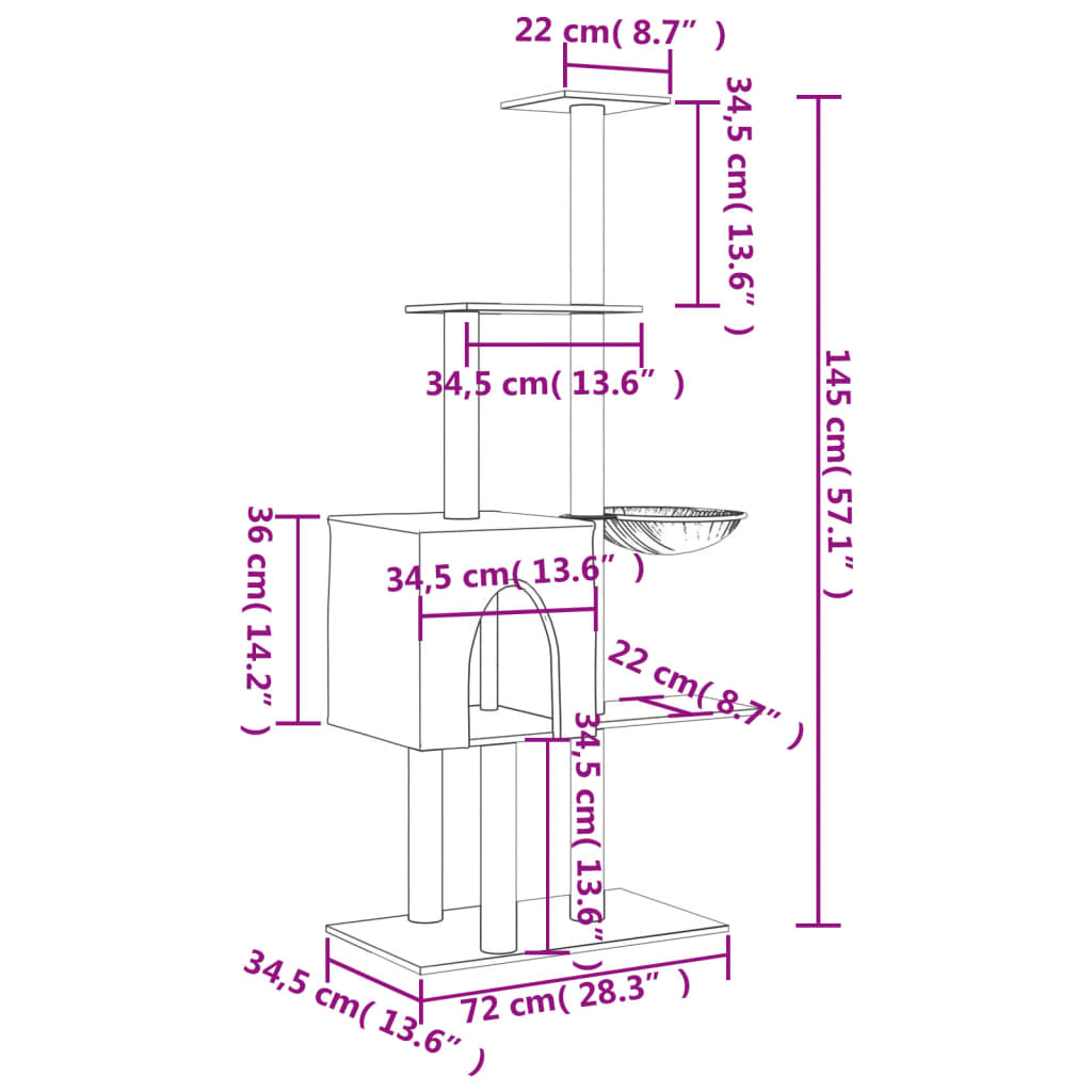 Kattemøbel Kattetre med klorestolper i sisal kremhvit 145 cm