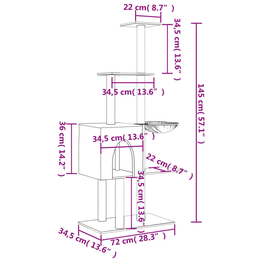 Kattemøbel Kattetre med klorestolper i sisal lysegrå 145 cm