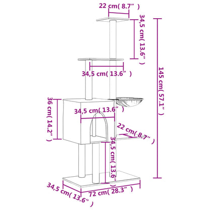 Kattemøbel Kattetre med klorestolper i sisal lysegrå 145 cm