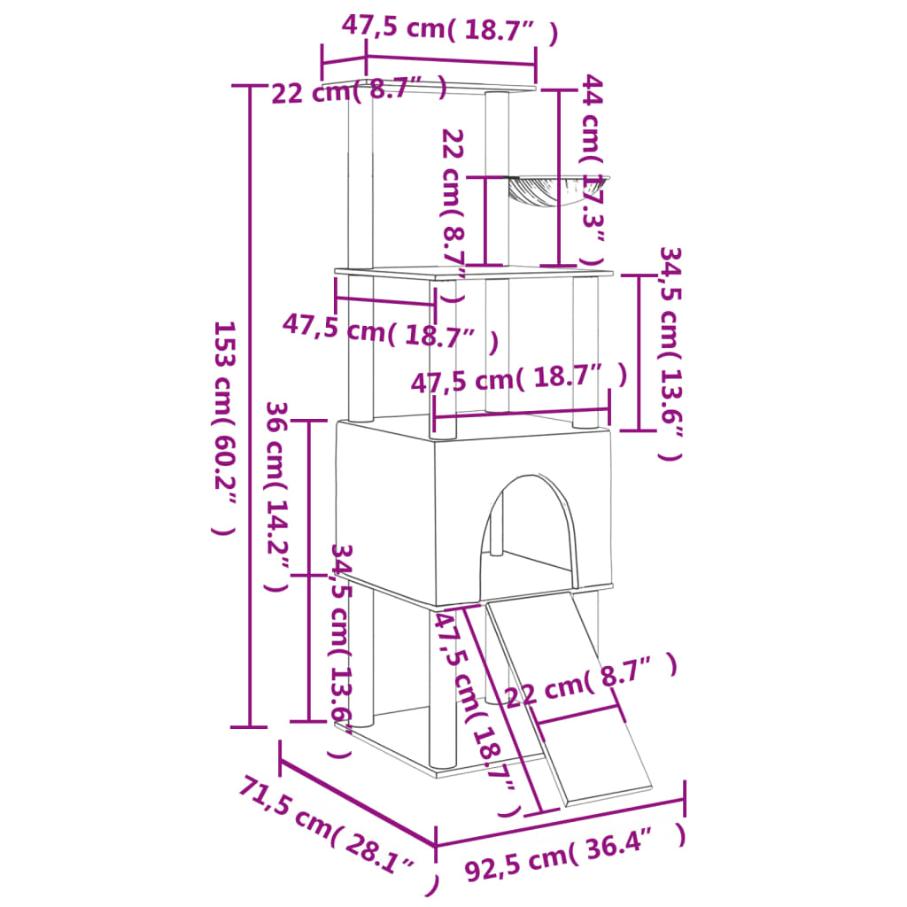 Kattemøbel Kattetre med klorestolper i sisal kremhvit 153 cm