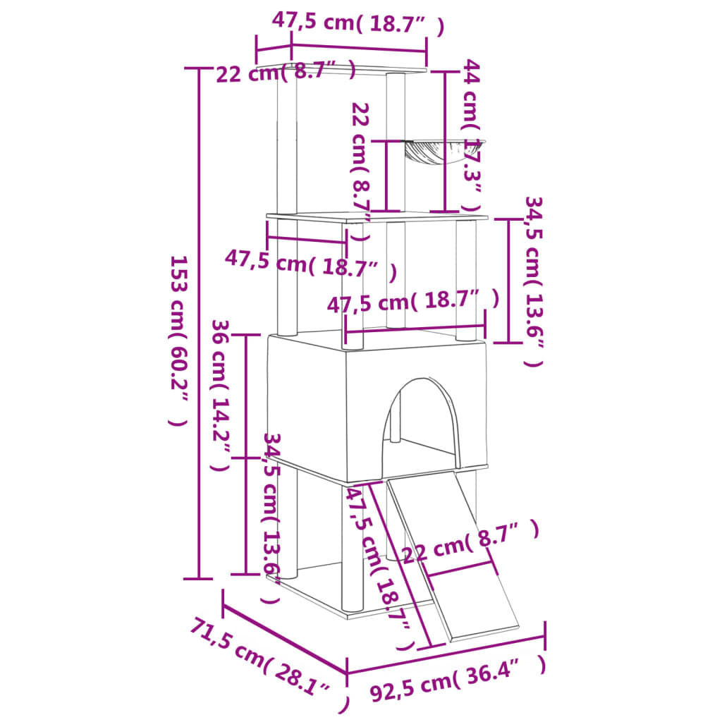 Kattemøbel Kattetre med klorestolper i sisal lysegrå 153 cm