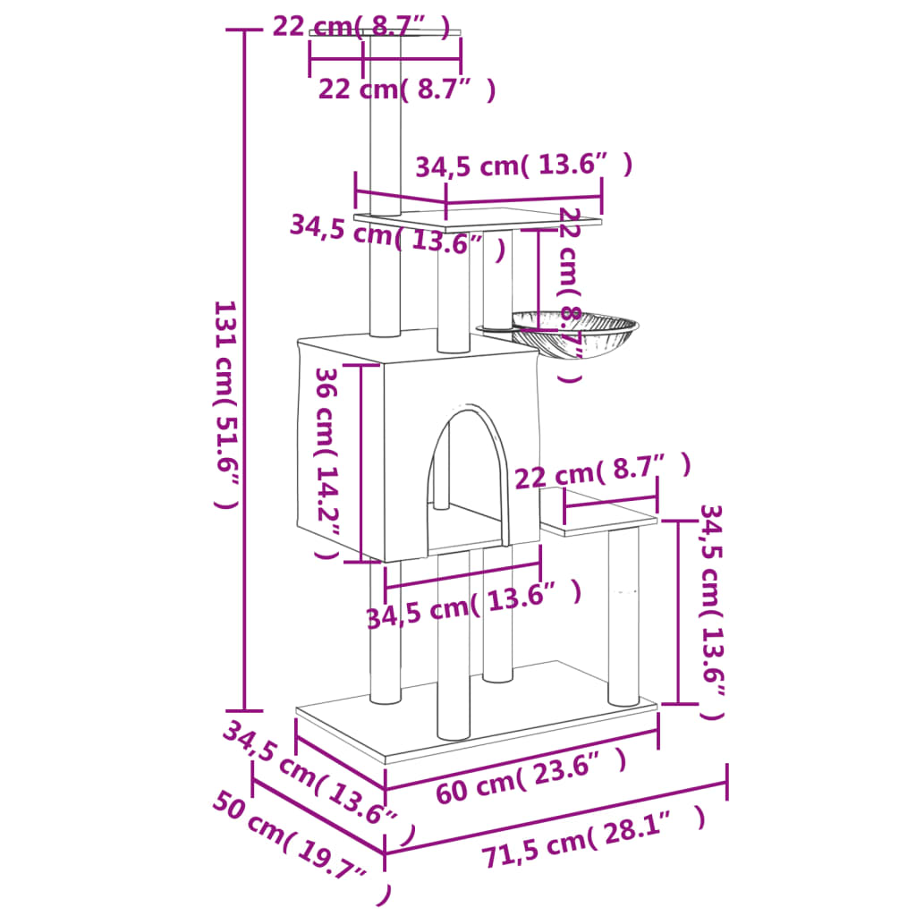 Kattemøbel Kattetre med klorestolper i sisal kremhvit 131 cm