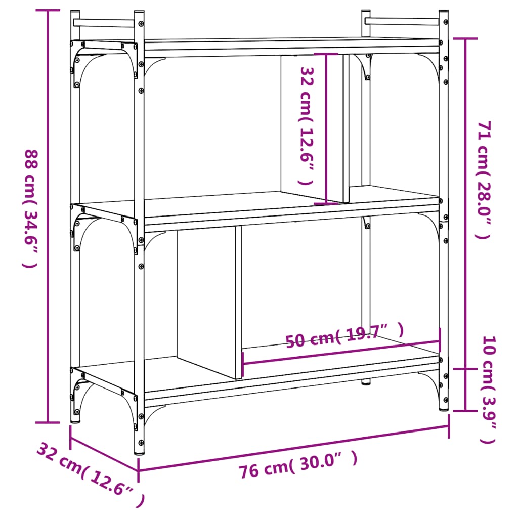 Bokhylle 3 etasjer sonoma eik 76x32x88 cm konstruert tre