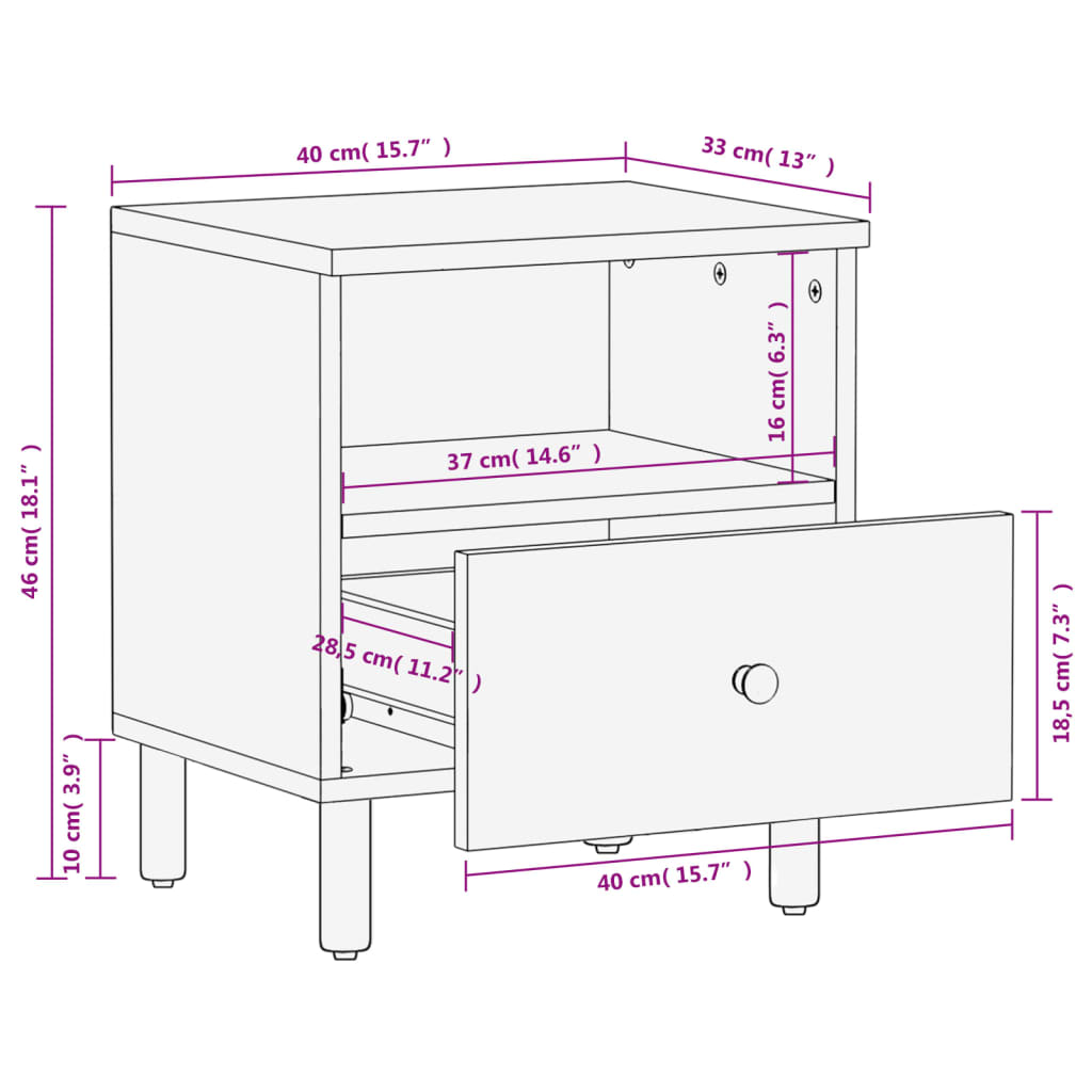 Nattbord Sengbord svart heltre mango 40x33x46 cm