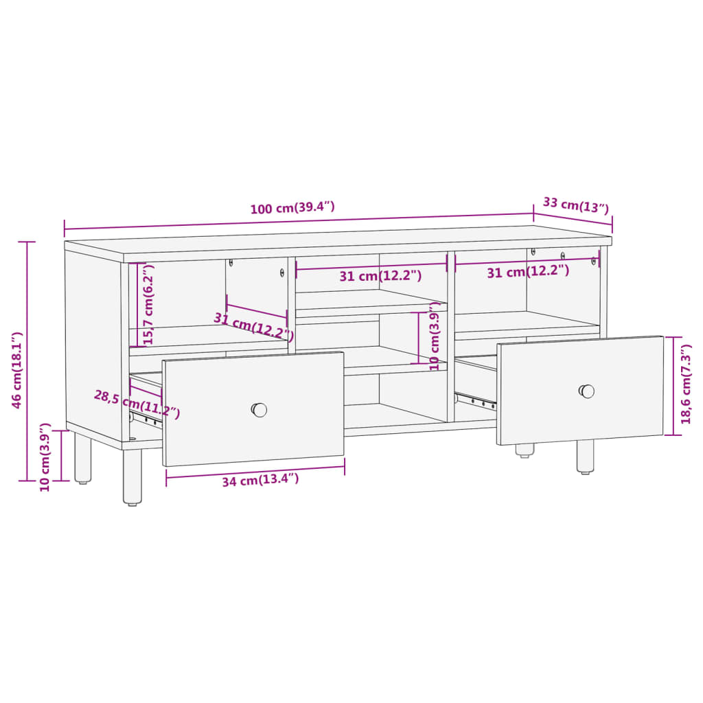 TV-benk 100x33x46 cm heltre mango