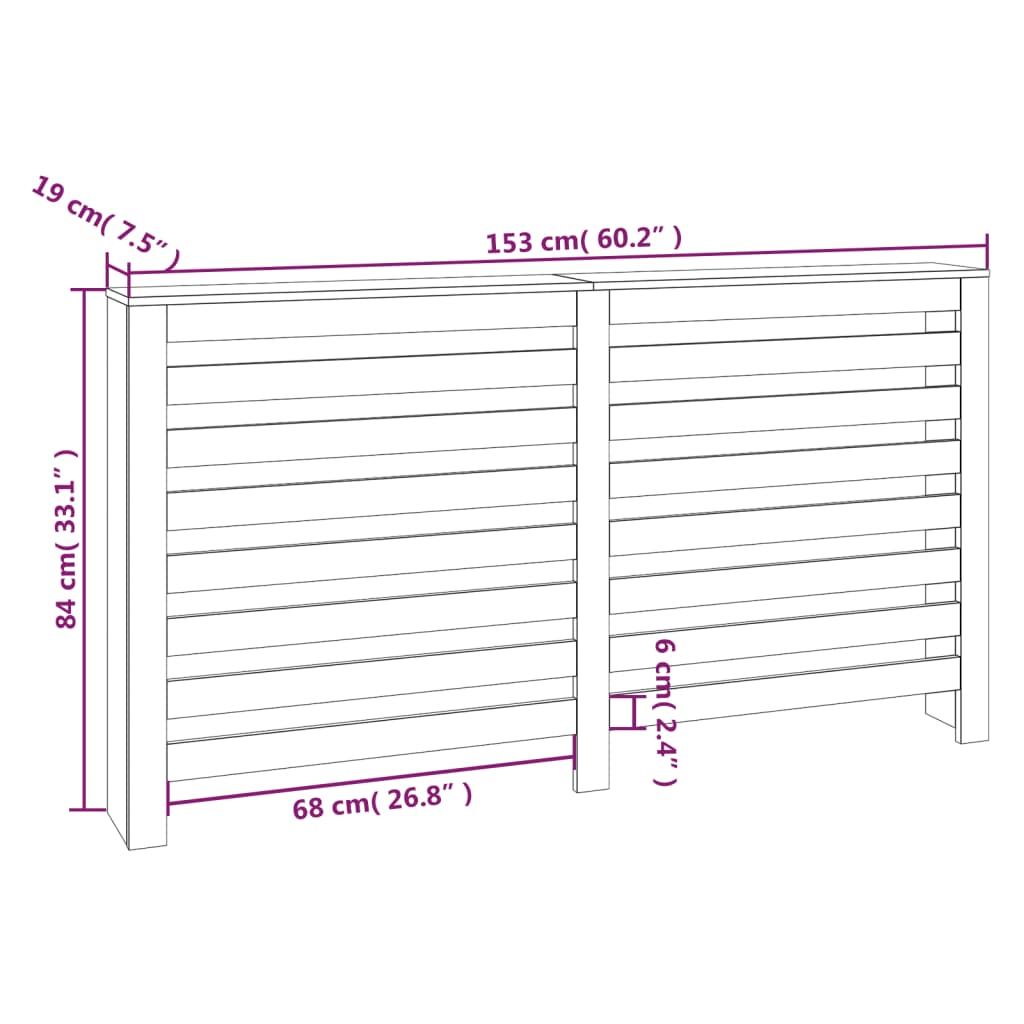 Radiatordeksel hvit 153x19x84 cm heltre furu