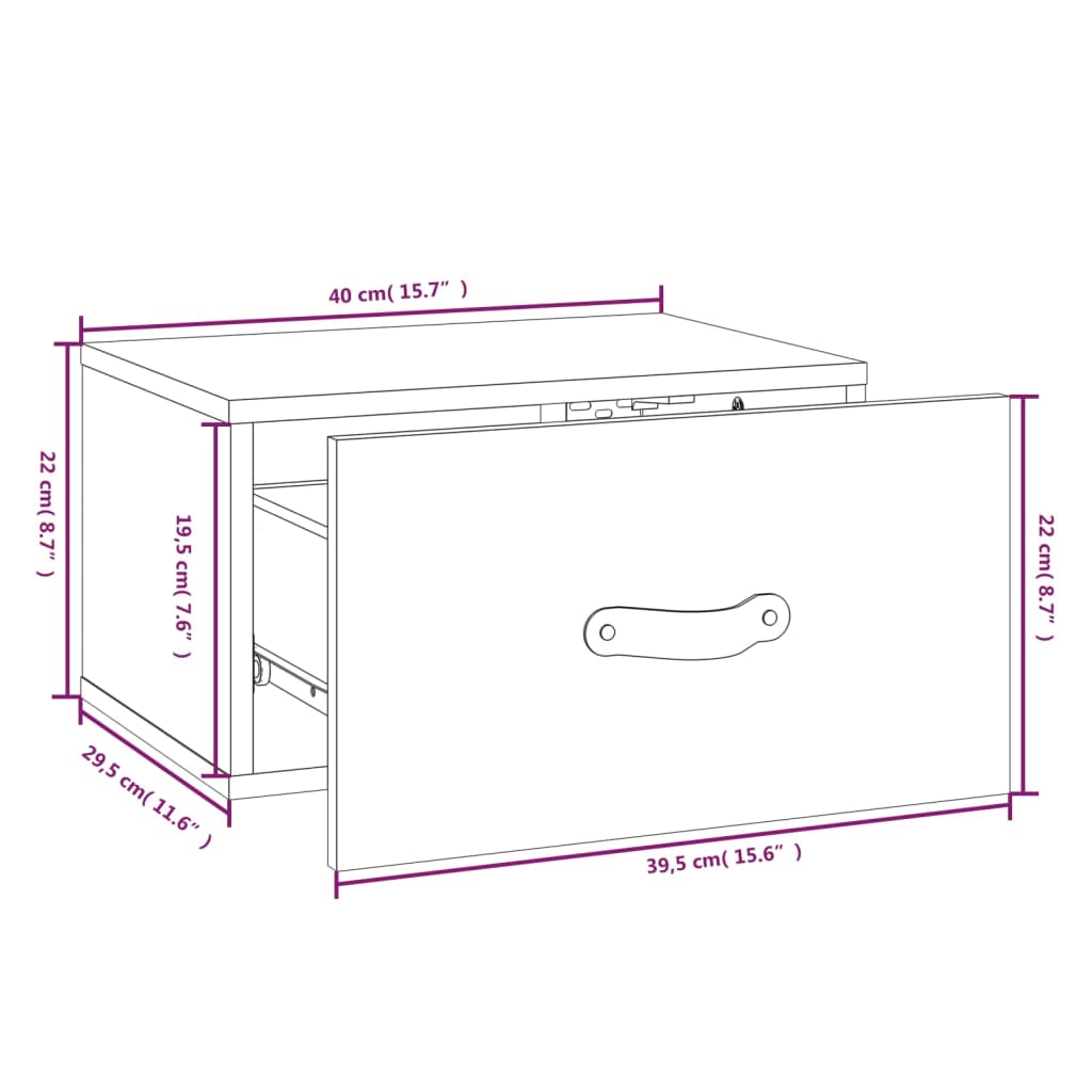 Nattbord Sengbord Veggmontert hvit 40x29,5x22 cm