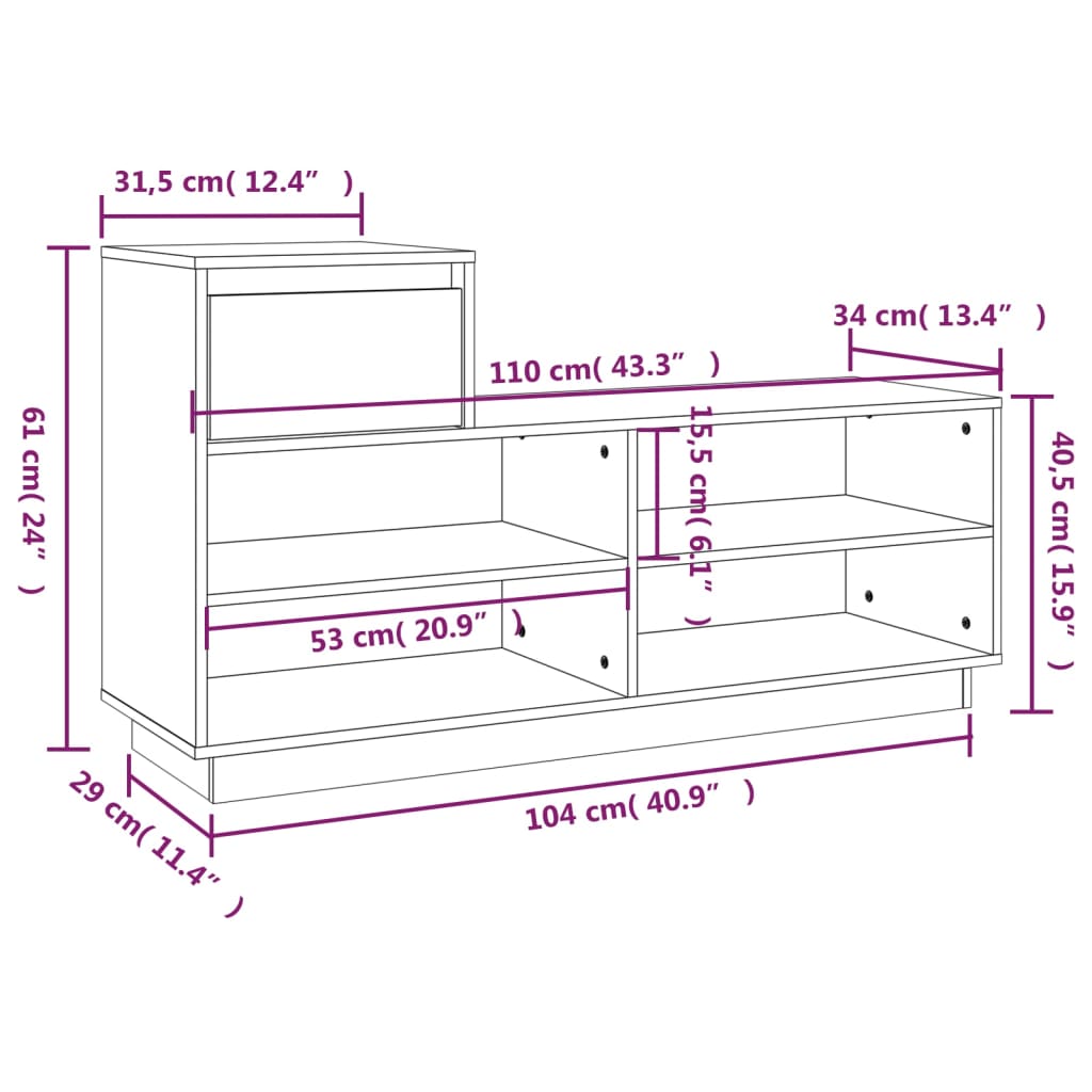 Skoskap Skobenk Skohylle 110x34x61 cm heltre furu