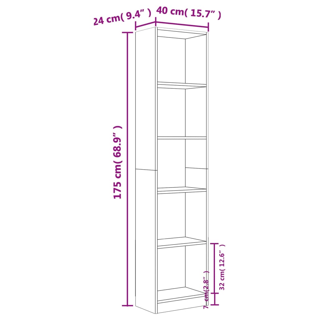 Bokhylle 5 etasjer røkt eik 40x24x175 cm konstruert tre