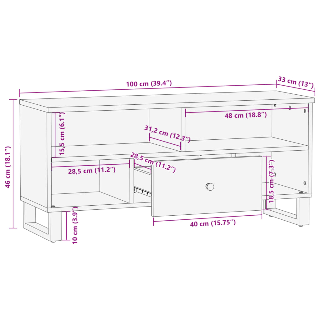 TV-benk 100x33x46 cm gjenvunnet heltre og konstruert tre