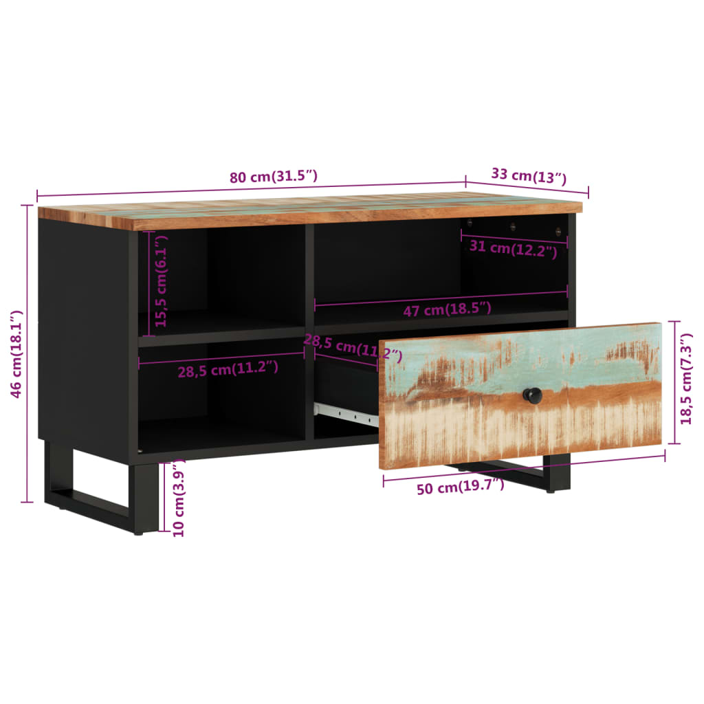 TV-benk 80x33x46 cm gjenvunnet heltre og konstruert tre