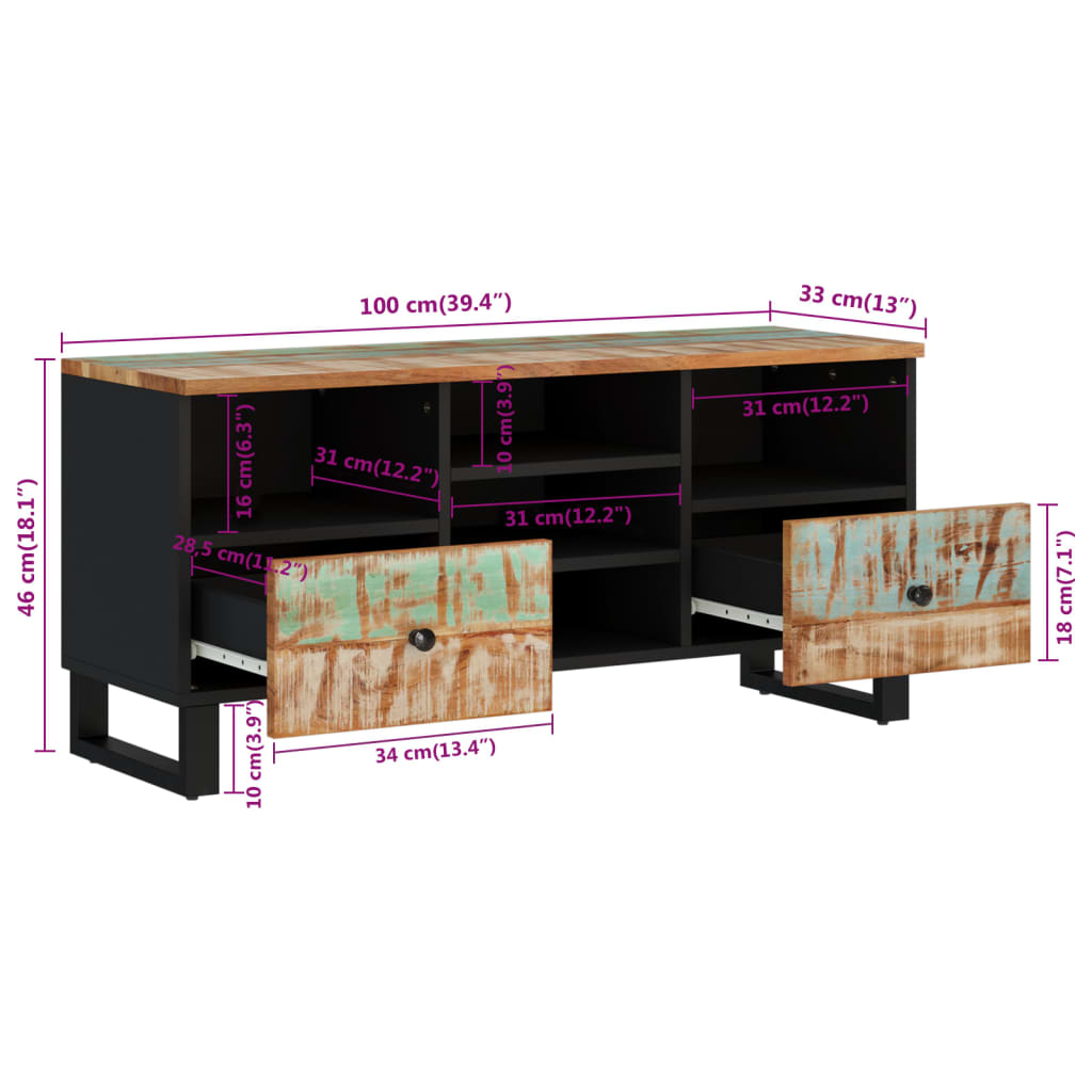 TV-benk 100x33x46 cm gjenvunnet heltre og konstruert tre