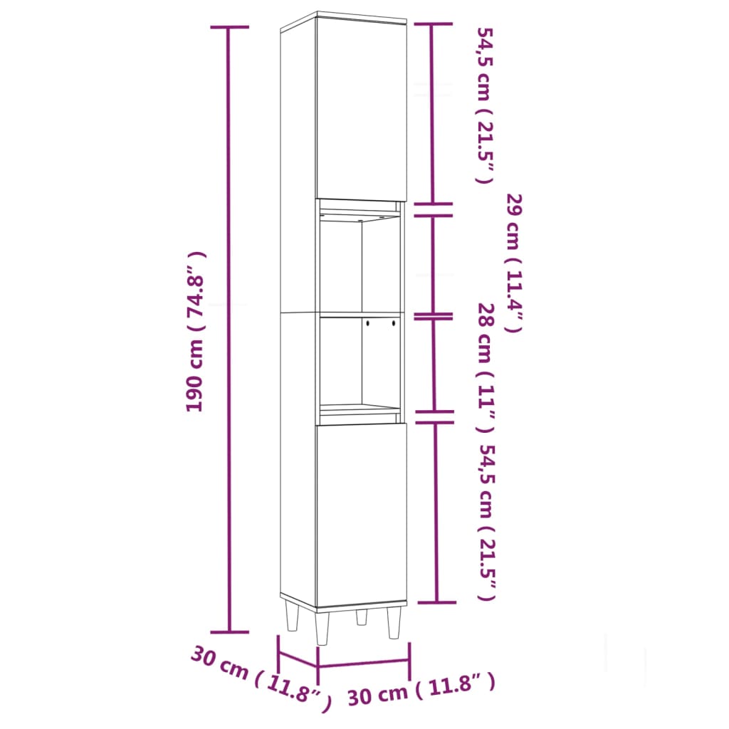 Baderomsskap hvit 30x30x190 cm konstruert tre