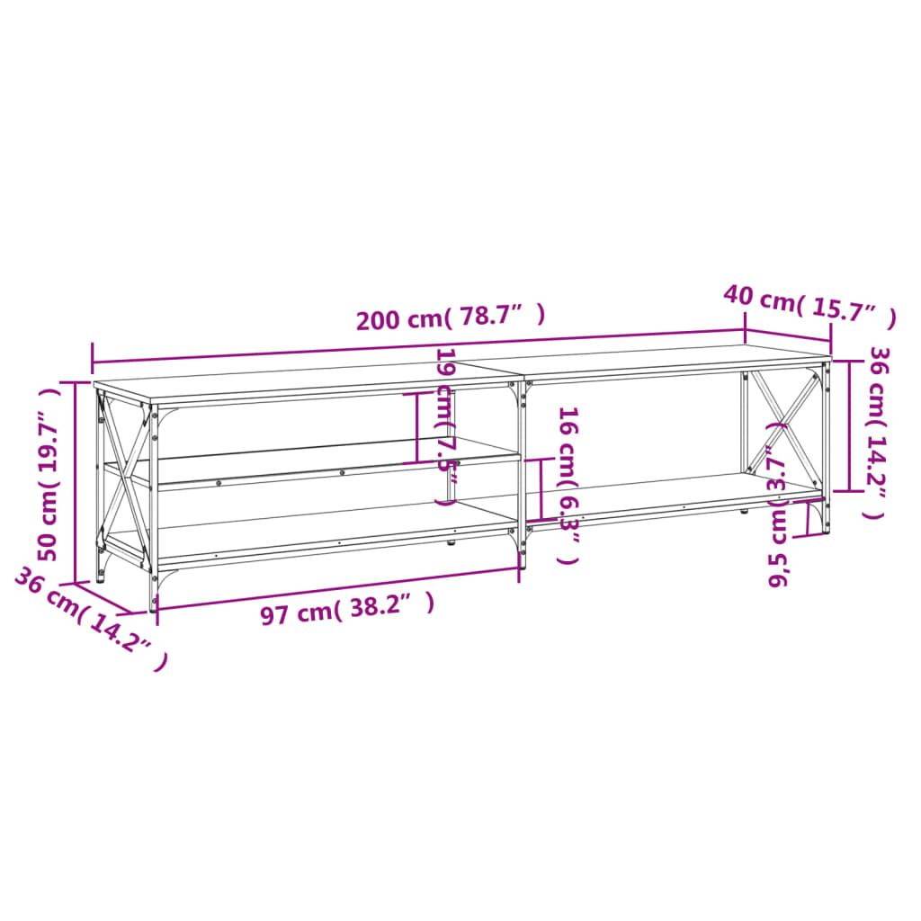 TV-benk svart 200x40x50 cm konstruert tre og metall