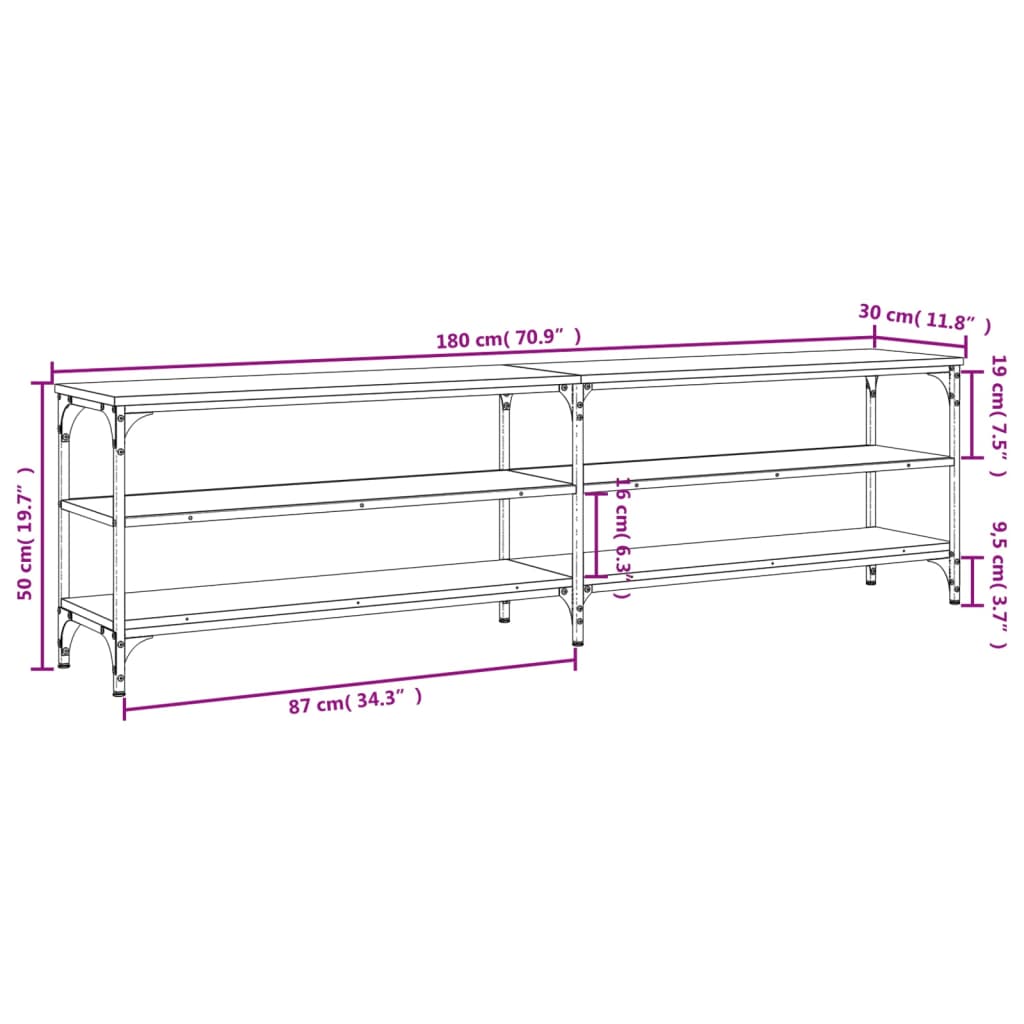 TV-benk brun eik 180x30x50 cm konstruert tre og metall