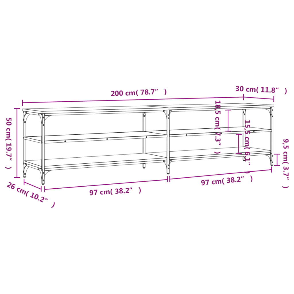 TV-benk svart 200x30x50 cm konstruert tre og metall