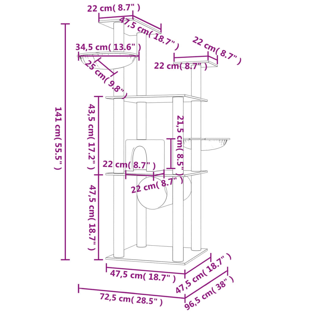 Kattemøbel Kattetre med klorestolper i sisal lysegrå 141 cm